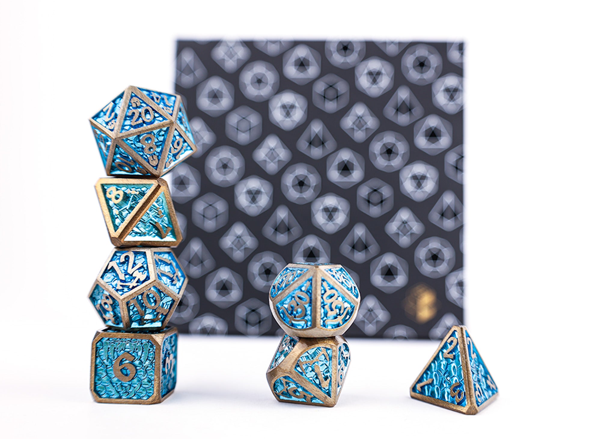 Draco Bright Blue/Brass Metal Dice Set