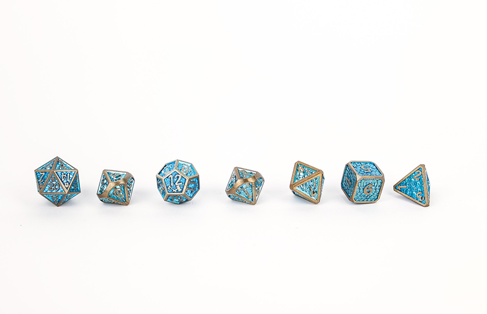 Draco Bright Blue/Brass Metal Dice Set