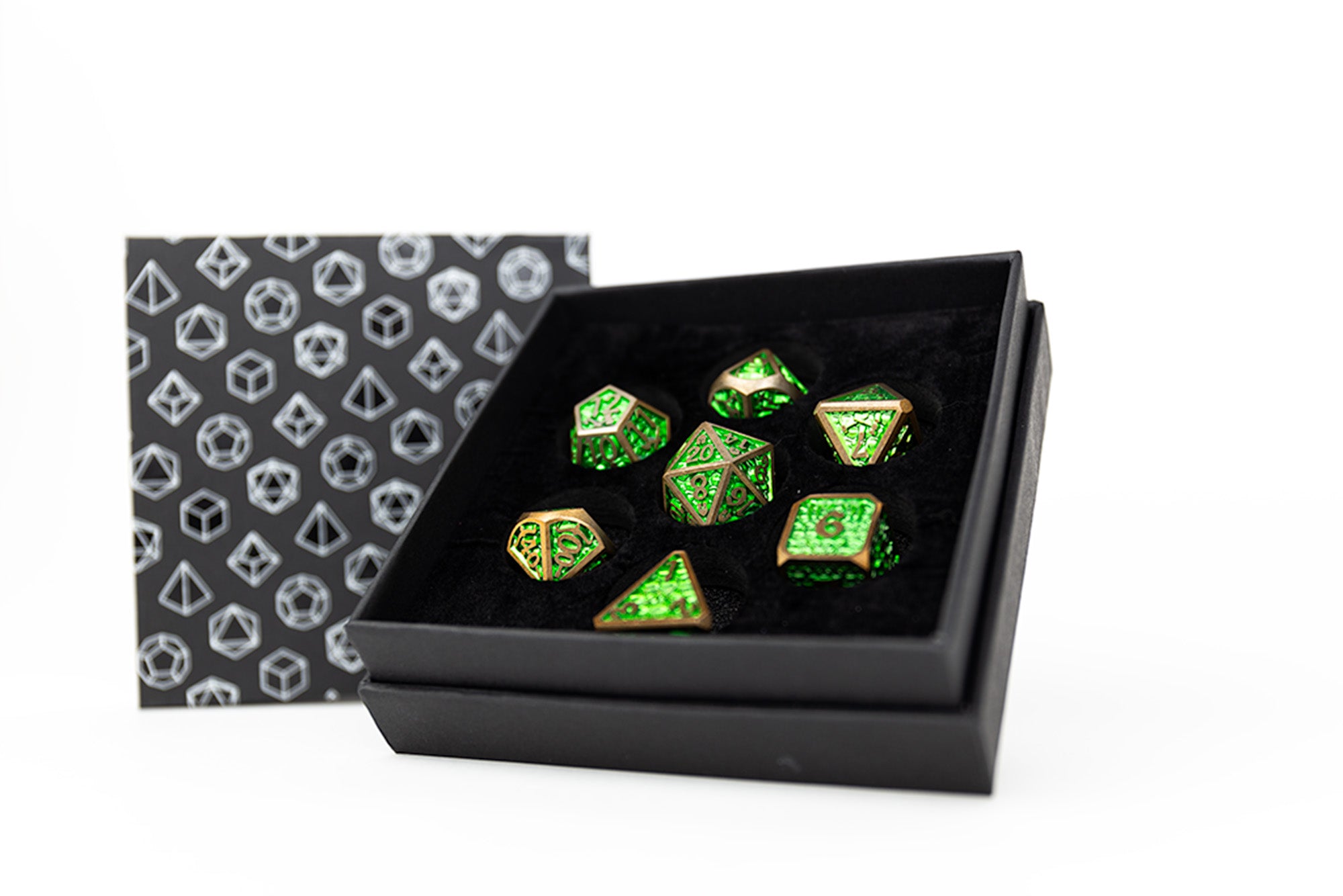 Draco Bright Green/Brass Metal Dice Set