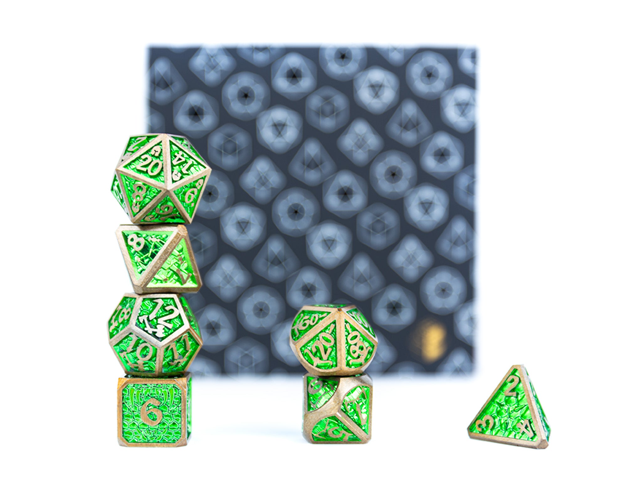 Draco Bright Green/Brass Metal Dice Set