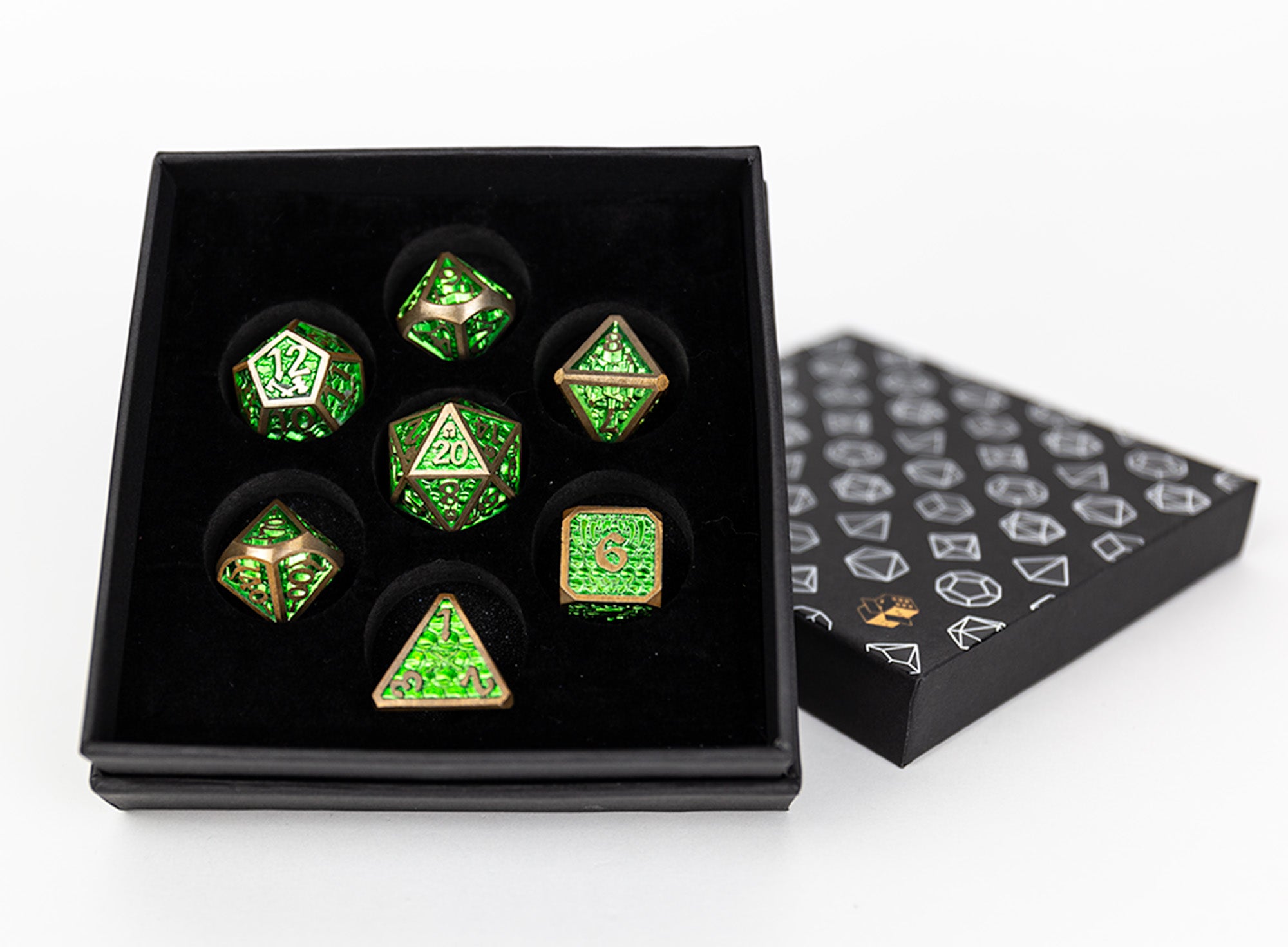 Draco Bright Green/Brass Metal Dice Set