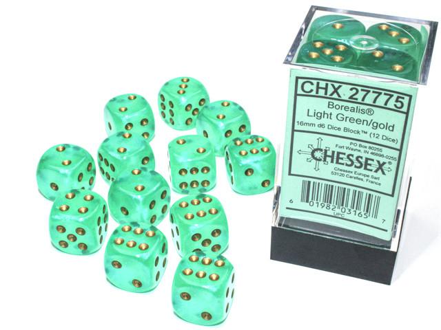 CHX23602 Borealis 16mm d6 Light Green/gold Dice Block Chessex