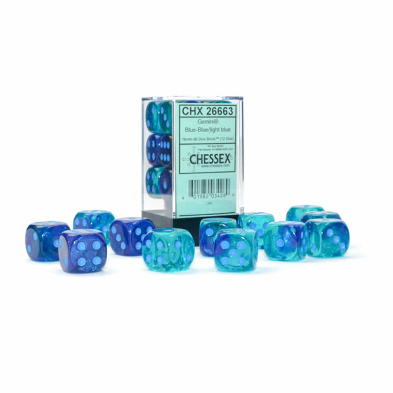 CHX26663 Blue-Blue/light blue Luminary Gemini 16mm dice d6 (12)