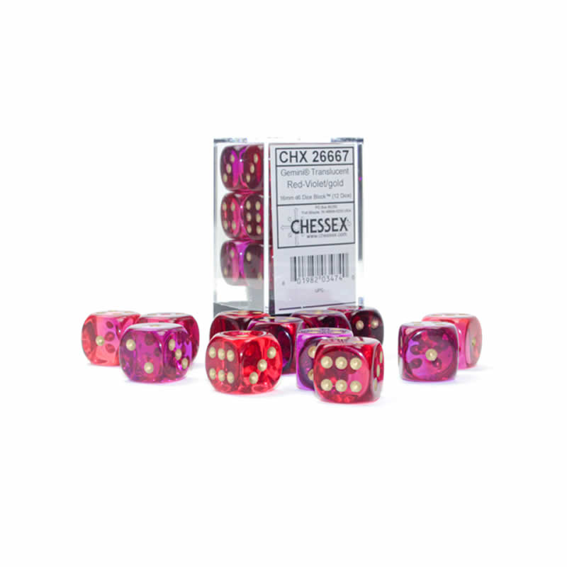 CHX26667 Red-Violet/gold Translucent Gemini 16mm dice d6 (12)