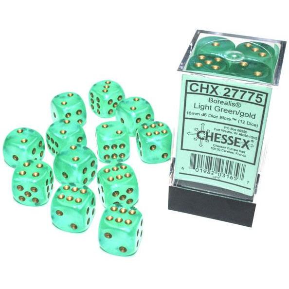 CHX27775 Borealis 16mm d6 Light Green/gold Chessex