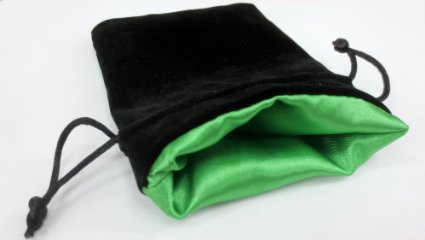 Green Satin Lined - Black Velvet Dice Bag 9.5x10cm