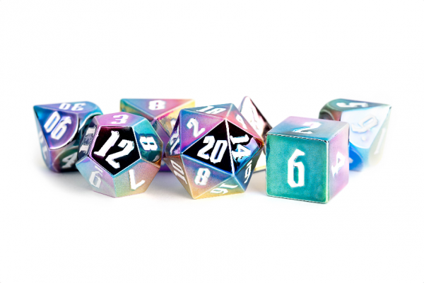 Rainbow Aegis White Number - MDG Aluminum Plated Acrylic Polyhedral Dice Set 16mm