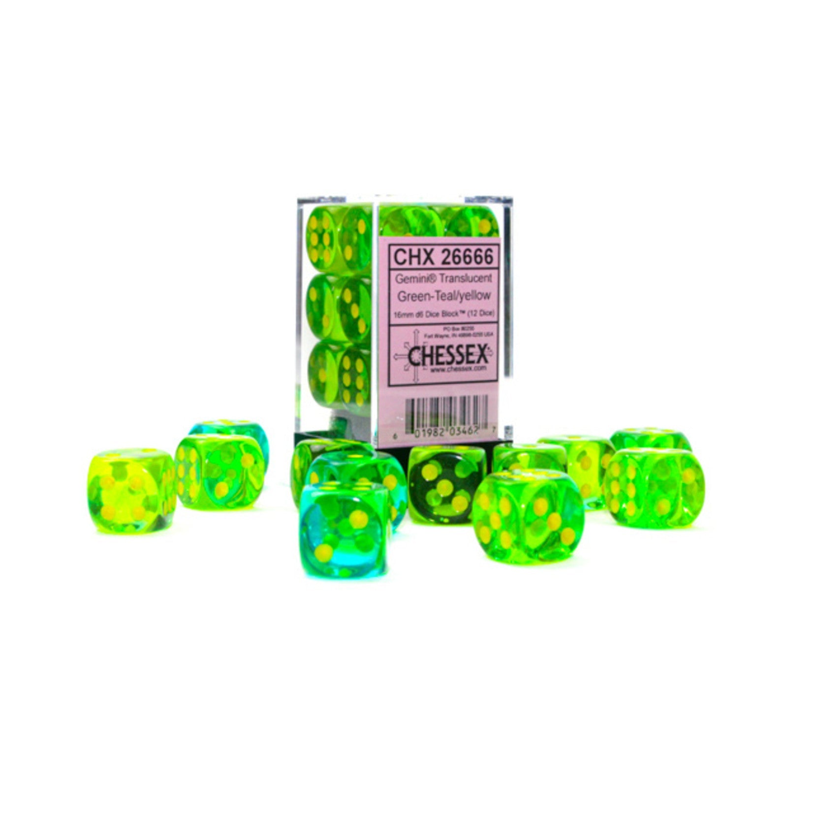 CHX26666 Green-Teal/yellow Translucent Gemini 16mm dice d6 (12)