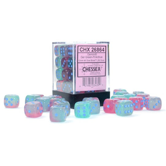 CHX26864 Green-Pink/blue Gel Luminary Gemini 12mm dice d6 (36)