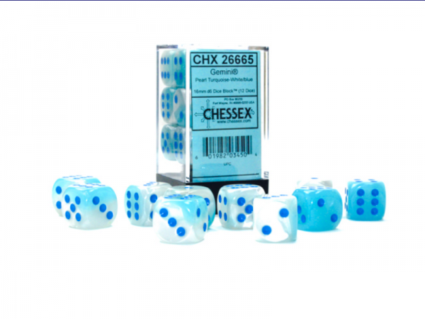 CHX26665 Turquoise-White/blue Pearl Luminary Gemini 16mm dice d6 (12)