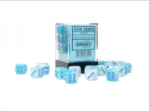 CHX26865 Turquoise-White/blue Pearl Luminary Gemini 12mm dice d6 (36)