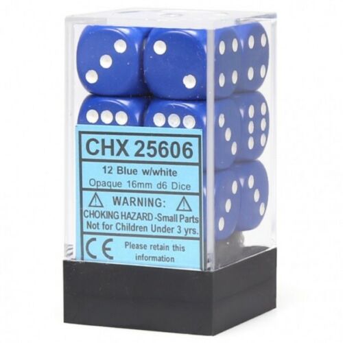 CHX25606 Opaque 16mm d6 Blue/White Dice Block (12 dice) Chessex